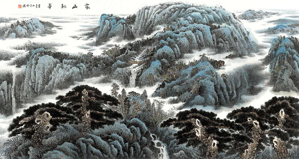 国画,近现代横幅大幅山水008 李平甲-观海听涛144x360cm 有字有章